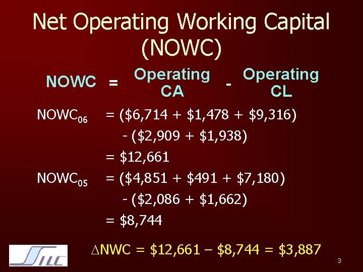 Net Operating Working Capital (NOWC) Operating NOWC = CA CL NOWC 06 NOWC 05