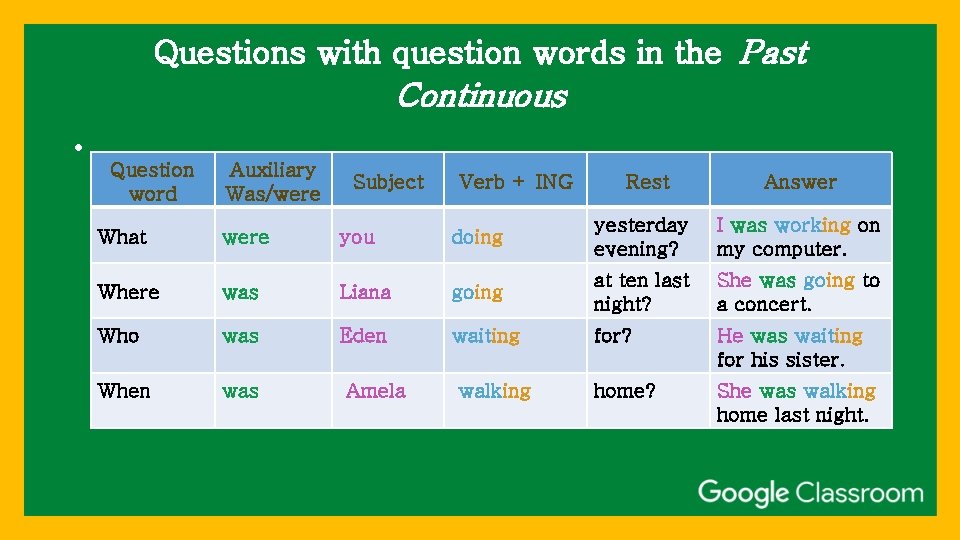 Questions with question words in the Past Continuous • Question word Auxiliary Was/were Subject Questions with question words in the Past Continuous • Question word Auxiliary Was/were Subject