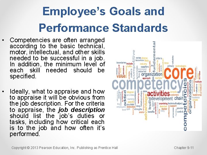 Employee’s Goals and Performance Standards • Competencies are often arranged according to the basic