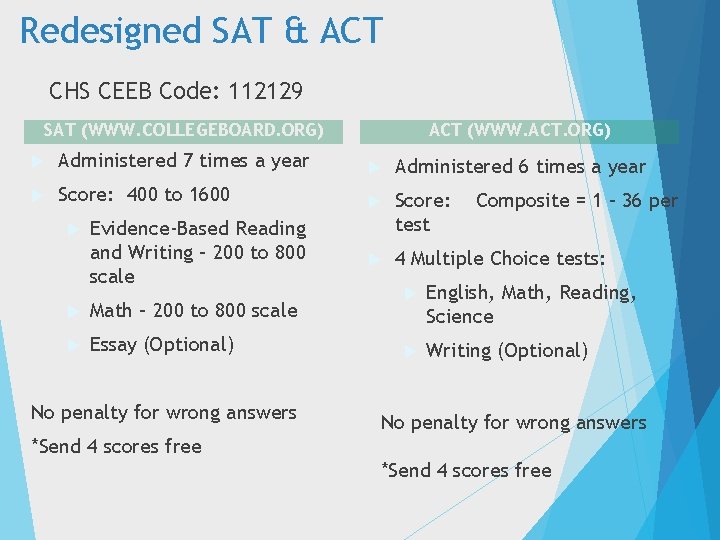 Redesigned SAT & ACT CHS CEEB Code: 112129 ACT (WWW. ACT. ORG) SAT (WWW.