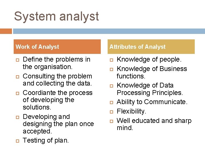 System analyst Work of Analyst Define the problems in the organisation. Consulting the problem