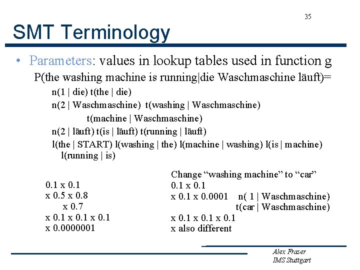 35 SMT Terminology • Parameters: values in lookup tables used in function g P(the