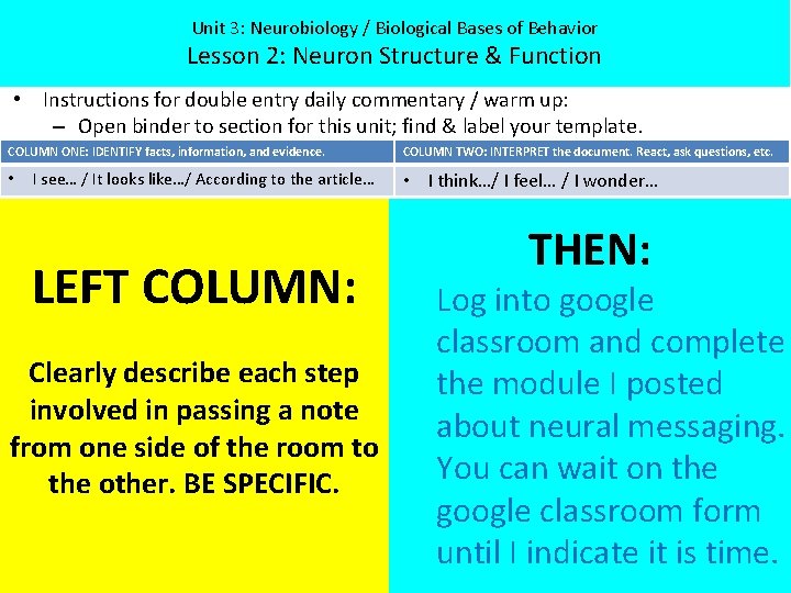 Unit 3: Neurobiology / Biological Bases of Behavior Lesson 2: Neuron Structure & Function