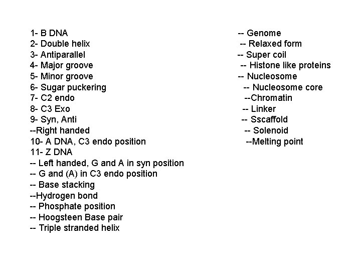1 - B DNA 2 - Double helix 3 - Antiparallel 4 - Major