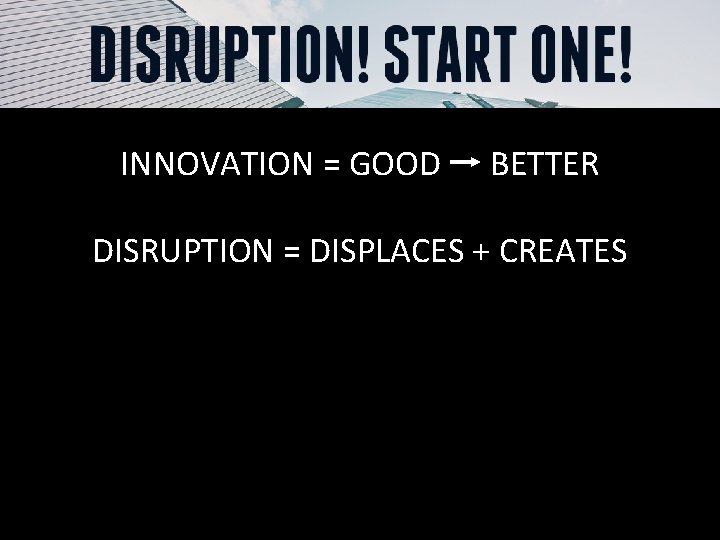 INNOVATION = GOOD BETTER DISRUPTION = DISPLACES + CREATES 