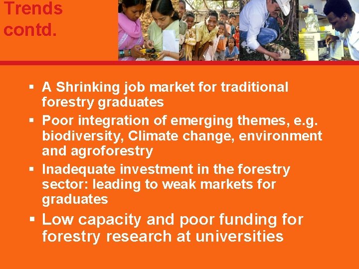 Trends contd. § A Shrinking job market for traditional forestry graduates § Poor integration