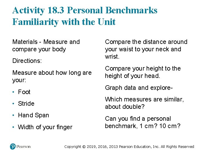 Activity 18. 3 Personal Benchmarks Familiarity with the Unit Materials - Measure and compare