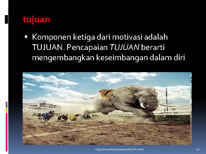 tujuan Komponen ketiga dari motivasi adalah TUJUAN. Pencapaian TUJUAN berarti mengembangkan keseimbangan dalam diri