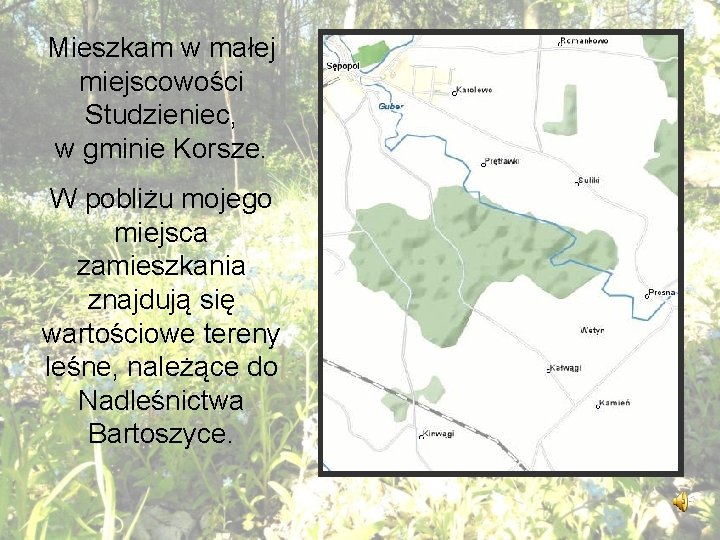 Mieszkam w małej miejscowości Studzieniec, w gminie Korsze. W pobliżu mojego miejsca zamieszkania znajdują