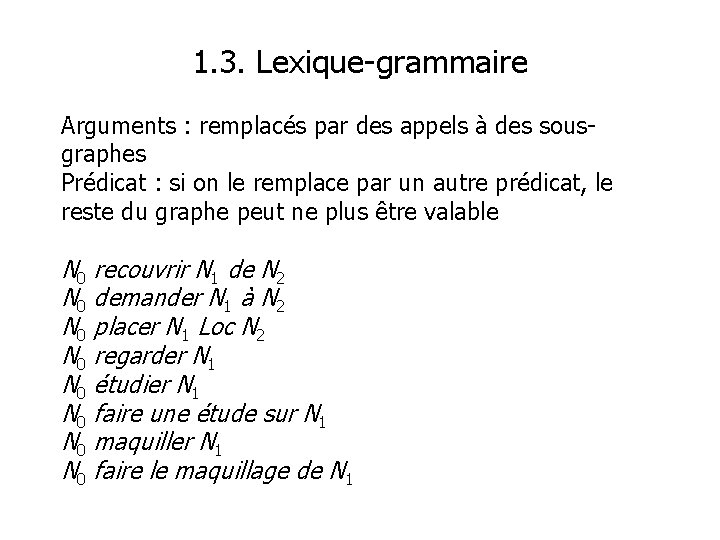 1. 3. Lexique-grammaire Arguments : remplacés par des appels à des sousgraphes Prédicat :