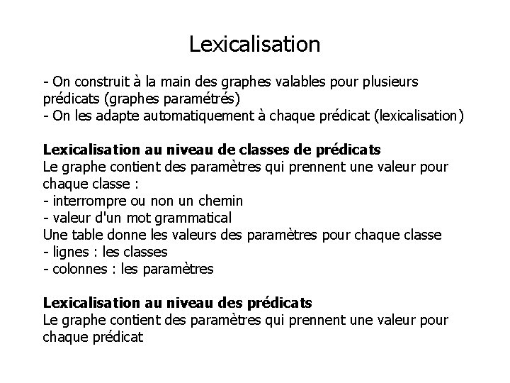 Lexicalisation - On construit à la main des graphes valables pour plusieurs prédicats (graphes