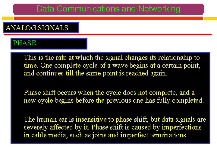 Data Communications and Networking ANALOG SIGNALS PHASE This is the rate at which the