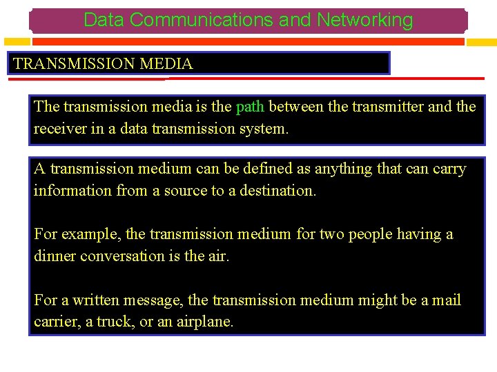 Data Communications and Networking TRANSMISSION MEDIA The transmission media is the path between the