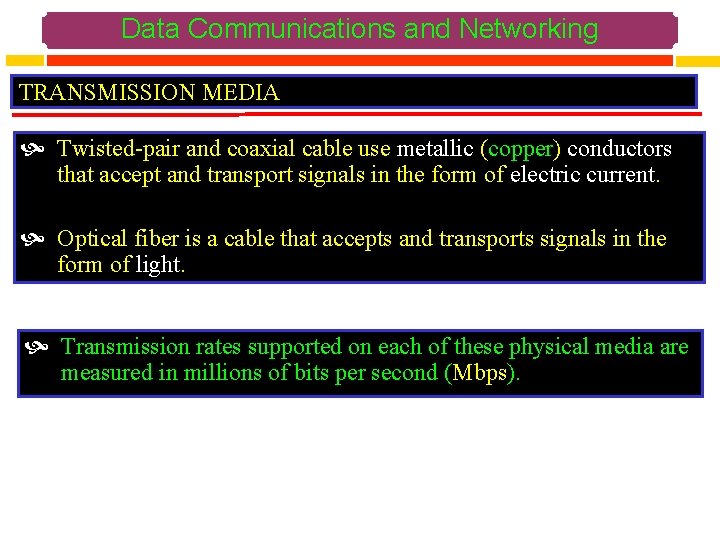 Data Communications and Networking TRANSMISSION MEDIA Twisted-pair and coaxial cable use metallic (copper) conductors
