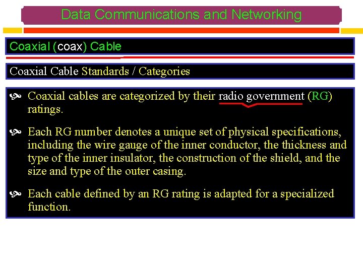 Data Communications and Networking Coaxial (coax) Cable Coaxial Cable Standards / Categories Coaxial cables