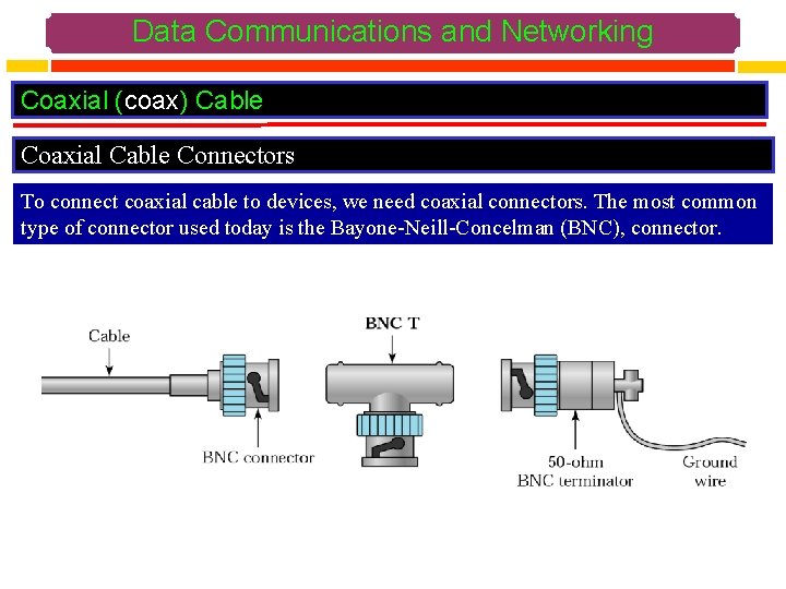 Data Communications and Networking Coaxial (coax) Cable Coaxial Cable Connectors To connect coaxial cable