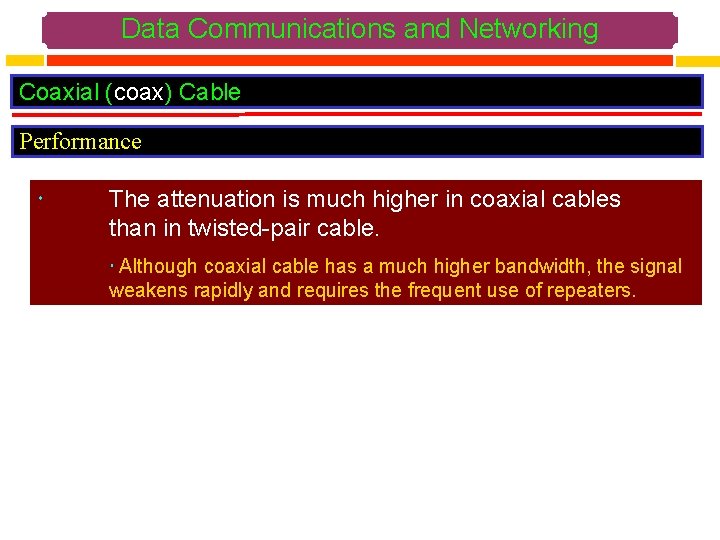 Data Communications and Networking Coaxial (coax) Cable Performance The attenuation is much higher in