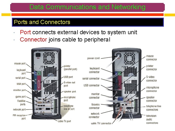 Data Communications and Networking Ports and Connectors Port connects external devices to system unit