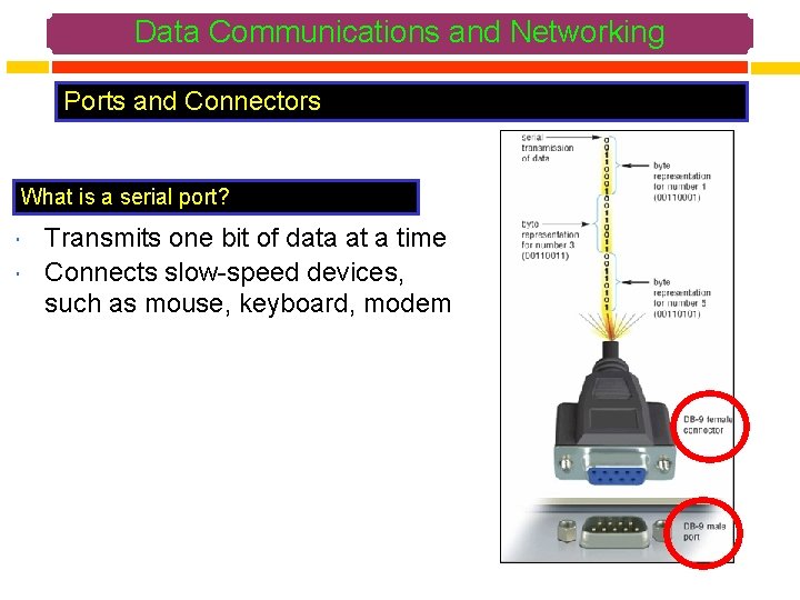 Data Communications and Networking Ports and Connectors What is a serial port? Transmits one