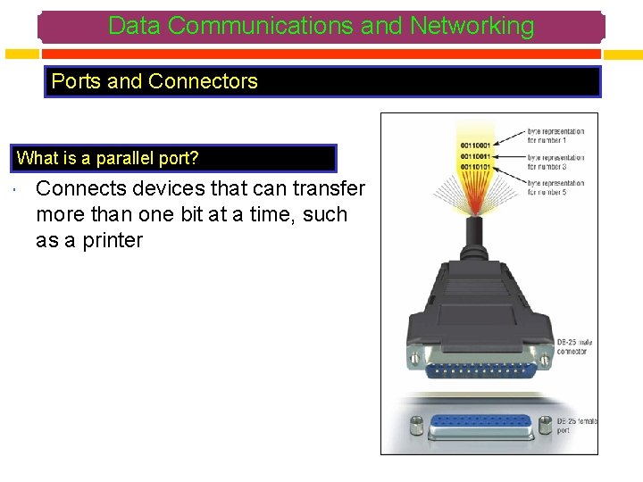 Data Communications and Networking Ports and Connectors What is a parallel port? Connects devices