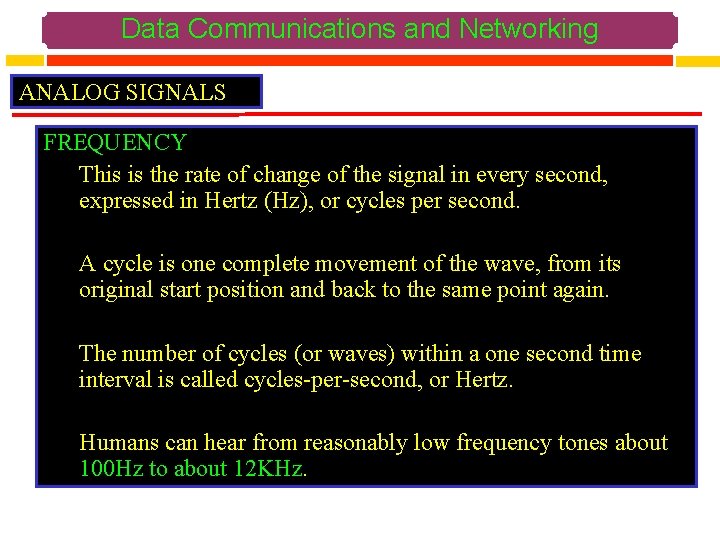 Data Communications and Networking ANALOG SIGNALS FREQUENCY This is the rate of change of