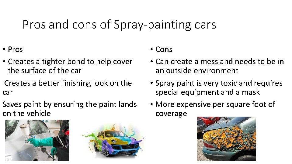 Pros and cons of Spray-painting cars • Pros • Creates a tighter bond to Pros and cons of Spray-painting cars • Pros • Creates a tighter bond to