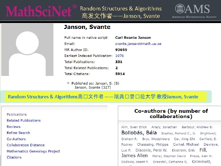 Random Structures & Algorithms 高发文作者——Janson, Svante Random Structures & Algorithms高�文作者 ——瑞典�普�拉大学 教授Janson, Svante 