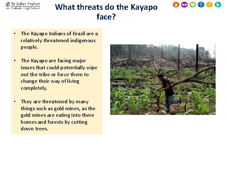 What threats do the Kayapo face? • The Kayapo Indians of Brazil are a