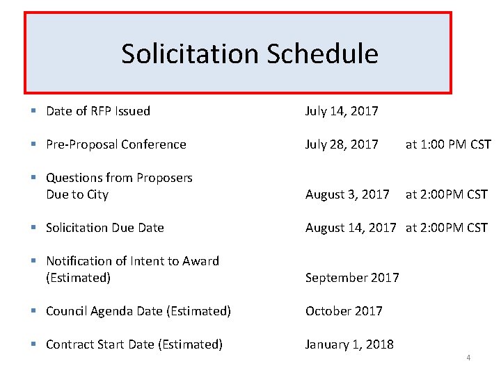 Solicitation Schedule § Date of RFP Issued July 14, 2017 § Pre-Proposal Conference July
