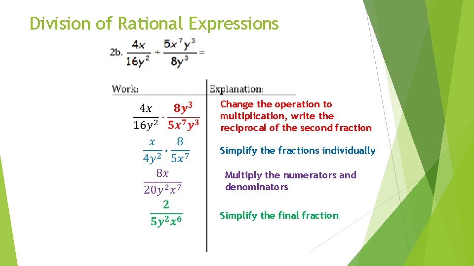 Division of Rational Expressions Change the operation to multiplication, write the reciprocal of the