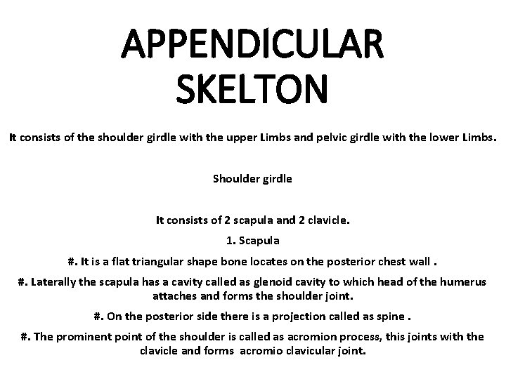 APPENDICULAR SKELTON It consists of the shoulder girdle with the upper Limbs and pelvic