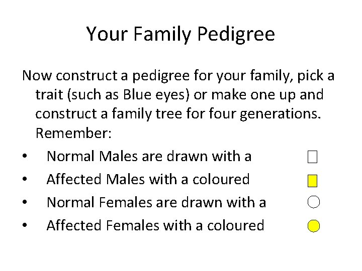 Your Family Pedigree Now construct a pedigree for your family, pick a trait (such