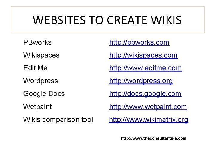 WEBSITES TO CREATE WIKIS PBworks http: //pbworks. com Wikispaces http: //wikispaces. com Edit Me