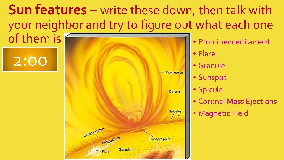Sun features – write these down, then talk with your neighbor and try to Sun features – write these down, then talk with your neighbor and try to