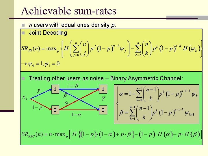 Achievable sum-rates n n users with equal ones density p. n Joint Decoding n