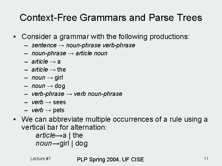 Context-Free Grammars and Parse Trees • Consider a grammar with the following productions: –