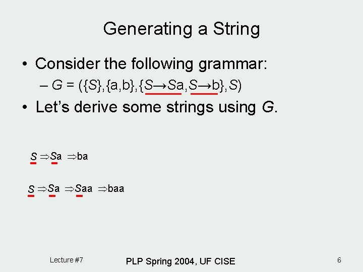 Generating a String • Consider the following grammar: – G = ({S}, {a, b},