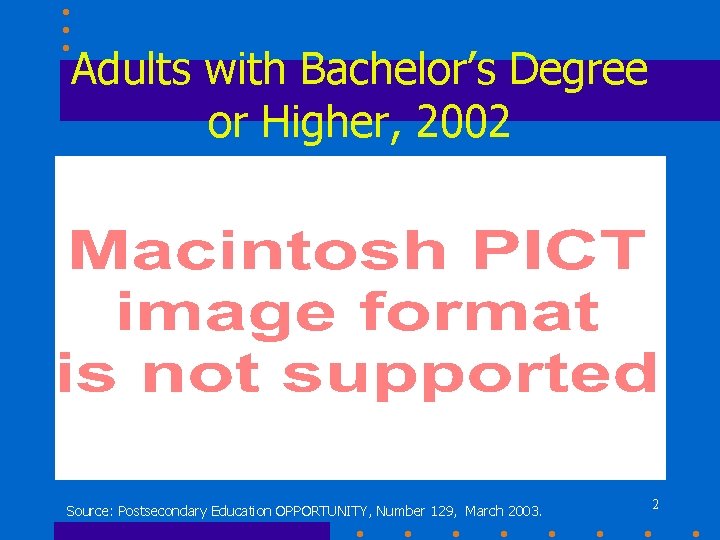 Adults with Bachelor’s Degree or Higher, 2002 Source: Postsecondary Education OPPORTUNITY, Number 129, March Adults with Bachelor’s Degree or Higher, 2002 Source: Postsecondary Education OPPORTUNITY, Number 129, March
