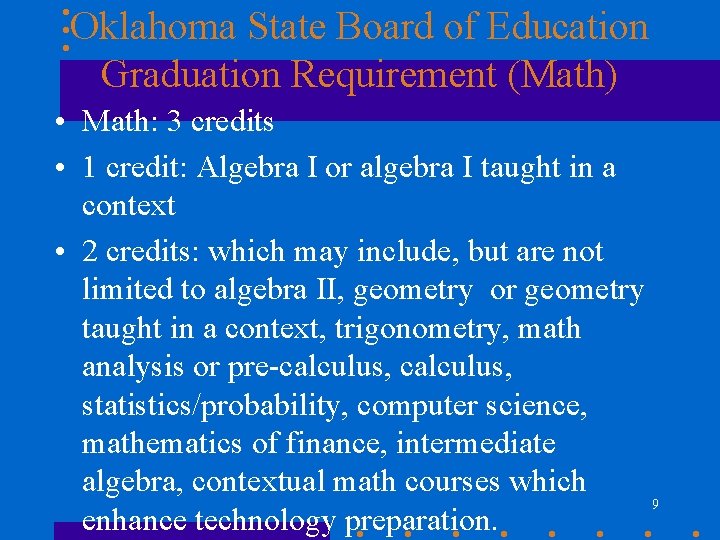 Oklahoma State Board of Education Graduation Requirement (Math) • Math: 3 credits • 1 Oklahoma State Board of Education Graduation Requirement (Math) • Math: 3 credits • 1