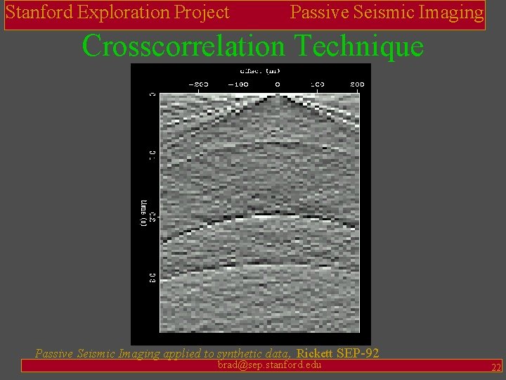Stanford Exploration Project Passive Seismic Imaging Crosscorrelation Technique Passive Seismic Imaging applied to synthetic