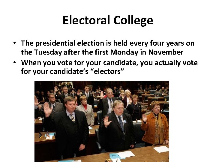 Electoral College • The presidential election is held every four years on the Tuesday