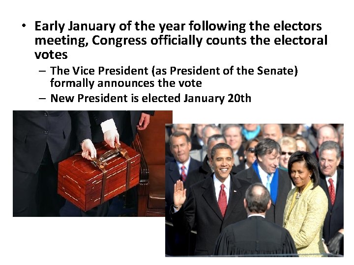  • Early January of the year following the electors meeting, Congress officially counts