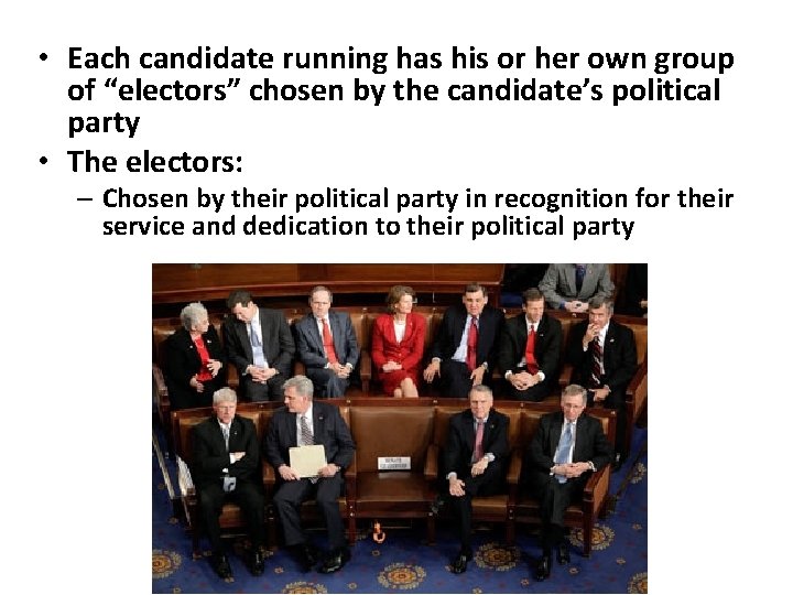  • Each candidate running has his or her own group of “electors” chosen