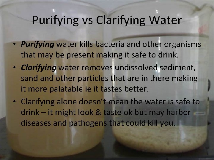 Purifying vs Clarifying Water • Purifying water kills bacteria and other organisms that may