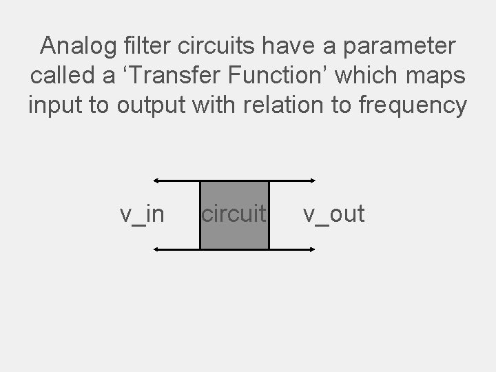 Analog filter circuits have a parameter called a ‘Transfer Function’ which maps input to