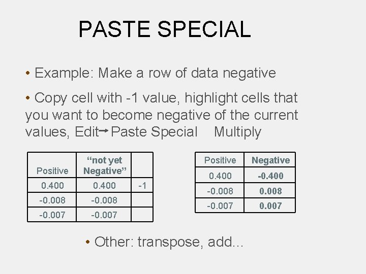 PASTE SPECIAL • Example: Make a row of data negative • Copy cell with