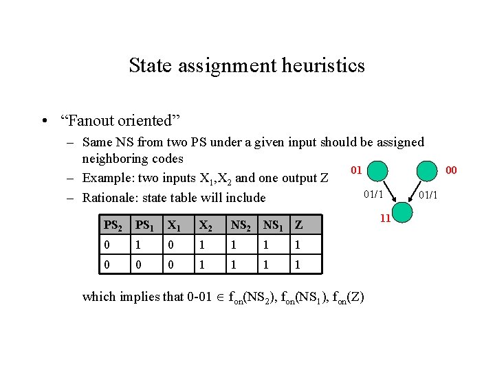 State assignment heuristics • “Fanout oriented” – Same NS from two PS under a