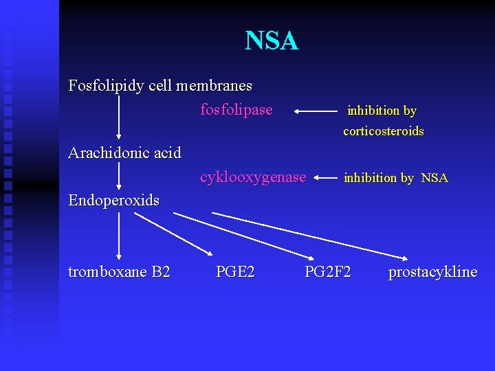 NSA Fosfolipidy cell membranes fosfolipase inhibition by corticosteroids Arachidonic acid cyklooxygenase inhibition by NSA NSA Fosfolipidy cell membranes fosfolipase inhibition by corticosteroids Arachidonic acid cyklooxygenase inhibition by NSA