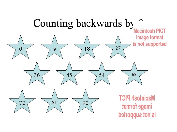 Counting backwards by 9 0 36 72 45 81 27 18 9 54 90