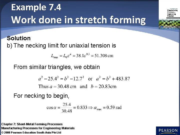 Example 7. 4 Work done in stretch forming Solution b) The necking limit for